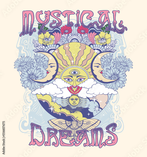 MYSTICAL DREAMS.Retro 70's psychedelic hippie element illustration print with groovy slogan for man - woman graphic tee t shirt or sticker poster - Vector