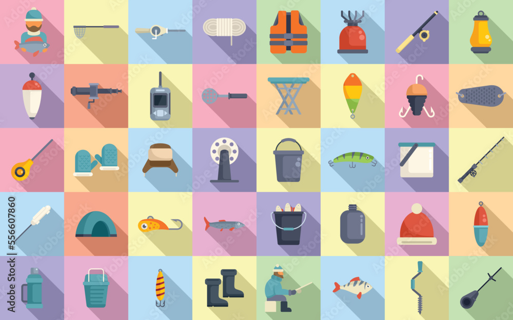 Fototapeta premium Ice fishing icons set flat vector. Winter frozen. Lake polar