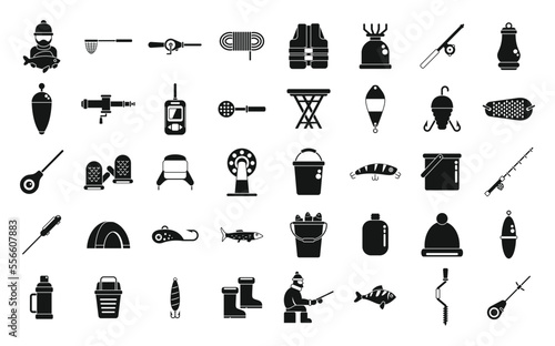 Ice fishing icons set simple vector. Winter frozen. Lake polar
