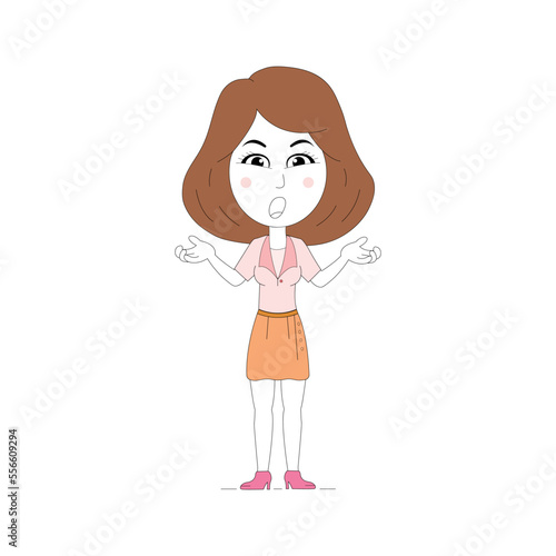 corporate woman spread her hand and shrugging shoulder. I do not know. Oops! Sorry! Asking question and doubt expression.