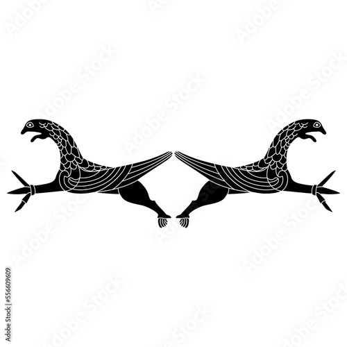 Symmetrical design with two fantastic winged griffins. Medieval Viking motif. Black and white silhouette.