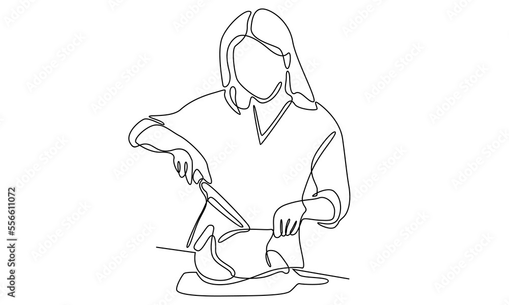 continuous one line of woman enjoy making foods. Woman cooking food continuous one line of woman enjoy making foods. Woman cooking food