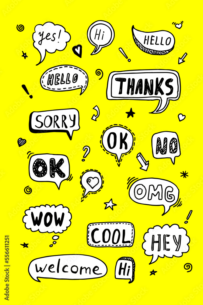 Set of cute speech bubble with text in doodle style Hello, ok, Bye, Hi on yellow. Vector Set of cute speech bubble with text in doodle style Hello, ok, Bye, Hi on yellow. Vector