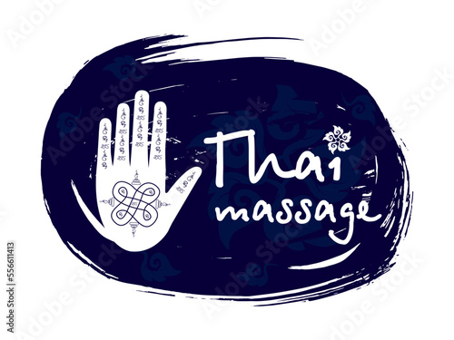 Thai massage concept in blue. Logo for Thai massage on brush stroke background. Hand with the thai pattern  and traditional thai ornament. Concept  Thai massage  for your design. EPS10.