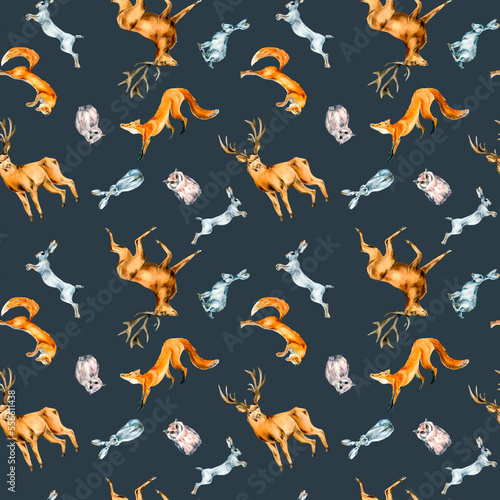 Wild animals  hare  fox  owl  deer watercolor seamless pattern isolated on grey.