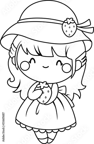 a vector of a girl with strawberry in black and white coloring