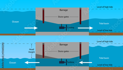 The Tidal energy production on a barrage, diagram
