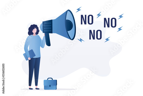 Confident businesswoman speak or scream loud on megaphone with words NO. Learn to say no, leadership skill to manage workload. Time management concept. Refuse to do wrong things.