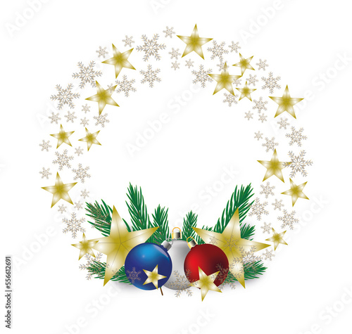 Christmas, New Year decorations - wreath on the door. Graphics of stars, snowflakes, Christmas tree branches and baubles three colors silver, navy blue and red.