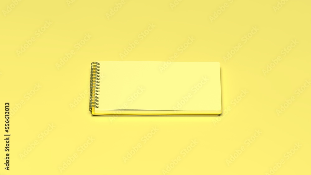 White paper notepad with yellow cover and silver spiral ring under yellow lighting background. Concept 3D CG of business reporting, communication and consultation. White paper notepad with yellow cover and silver spiral ring under yellow lighting background. Concept 3D CG of business reporting, communication and consultation.