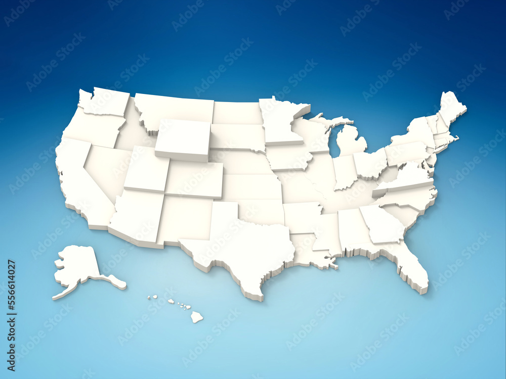 3D Map of United state of america or 3d illustration of white map of the united states of america.
