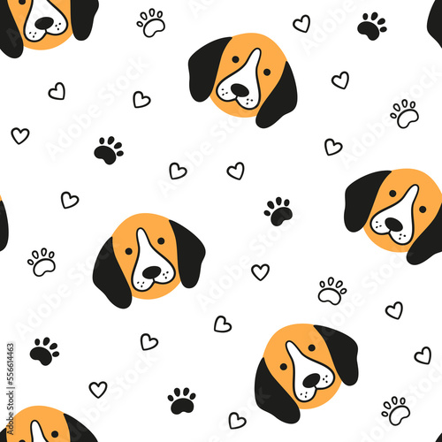 Dogs seamless pattern with face of Beagle. Texture with dog heads. Hand drawn vector illustration in doodle style on white background.