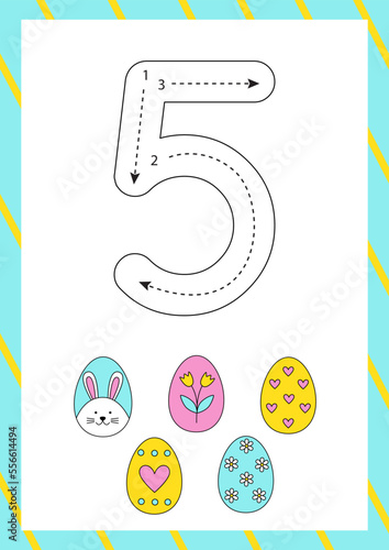Easter flashcard how to write number five. Worksheet for kids.