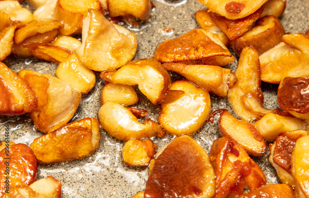 Fried mushrooms in oil in a frying pan. Fried mushrooms in oil in a frying pan.