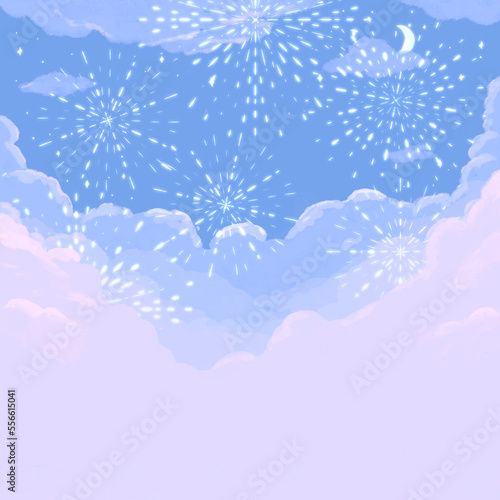 minimal art pastel night sky blue night sky with fireworks