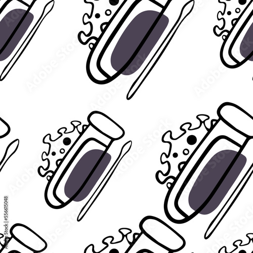 Seamless pattern Doodle test tube with coronovirus with pcr