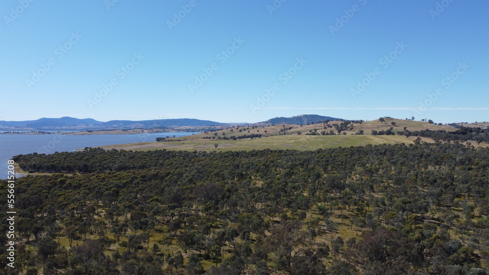 The aerial drone point of view photo at Bowna Waters Reserve is natural parkland on the foreshore of Lake Hume popular boat launching location in Albury, NSW ,Australia.