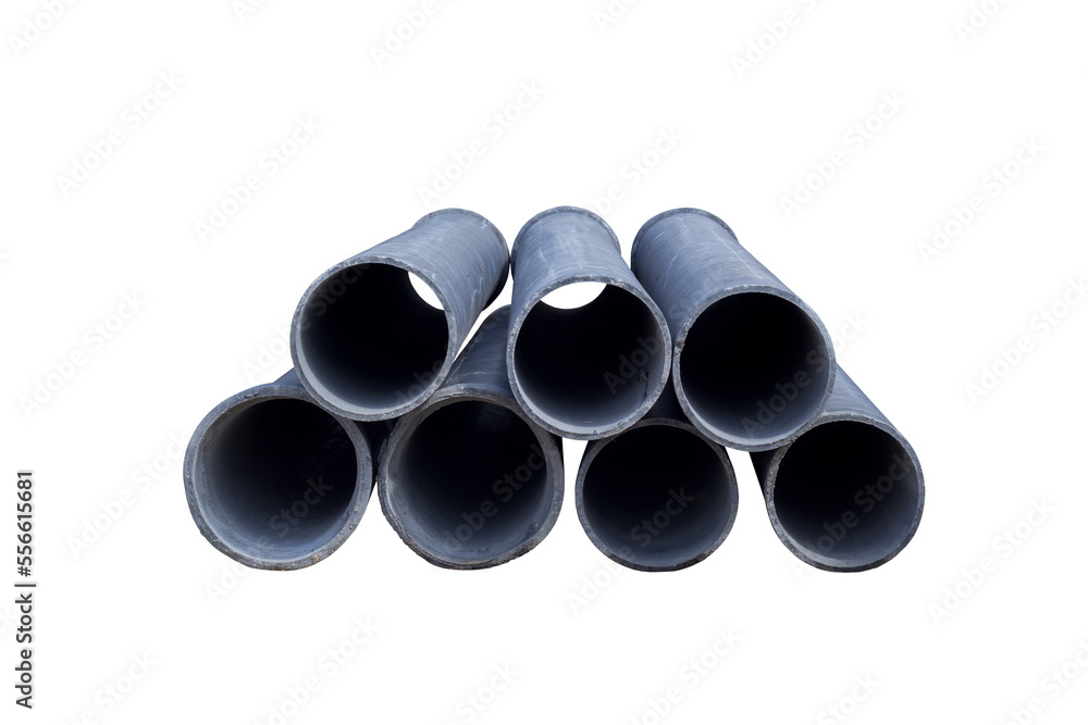 Pile of asbestos cement pipes in construction site isolated on white background included clipping path. Pile of asbestos cement pipes in construction site isolated on white background included clipping path.