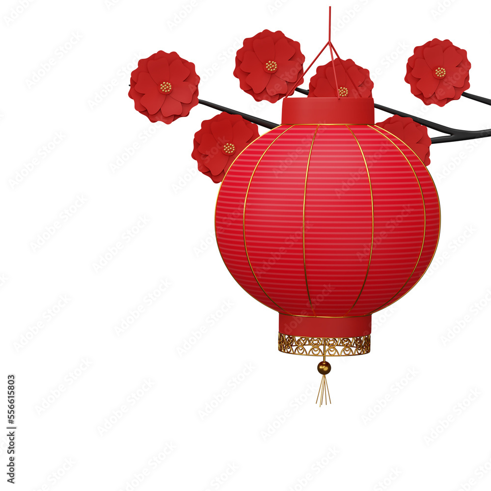 Obraz premium 3D Render Chinese Lantern Hang With Sakura Branch Element In Red And Golden Color.