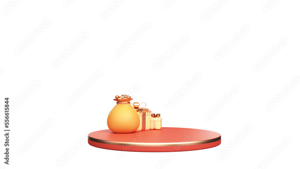 3D Render Of Chinese Treasure Sack With Gift Boxes Over Podium Element. 3D Render Of Chinese Treasure Sack With Gift Boxes Over Podium Element.