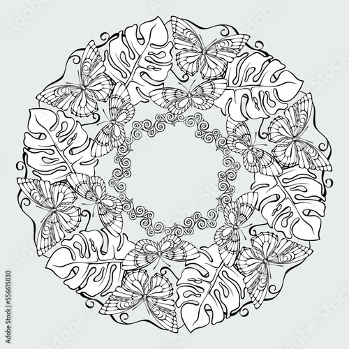 Floral outline mandala with butterflies and plants. Coloring page. Vector.