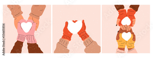 Set of three Hands in mittens hold a heart made of snow. Love, Valentine's Day.