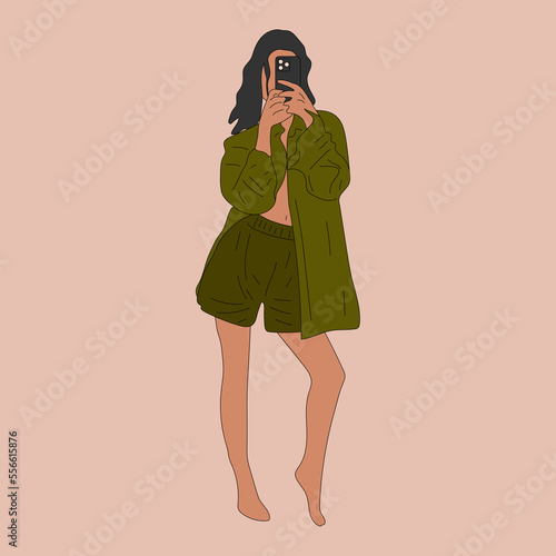 Beautiful young woman taking selfie in pajamas. Hand drawn vector illustration. Cartoon style.	
