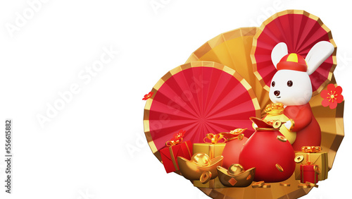 3D Render Of Cartoon Rabbit Holding Treasure Sack With Chinese Festival Elements.