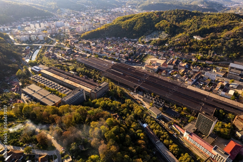  Aerial view of an old industrial area from Romania. Heavy machines and metallurgy factory.
