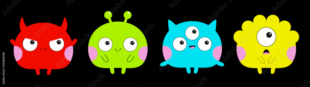 Happy Halloween. Cute monster line set. Funny Kawaii cartoon baby character. Three eyes, ears, horns, pink cheeks. Colorful animal. Boo. Smiling face. Sticker print. Flat design. Black background. Happy Halloween. Cute monster line set. Funny Kawaii cartoon baby character. Three eyes, ears, horns, pink cheeks. Colorful animal. Boo. Smiling face. Sticker print. Flat design. Black background.