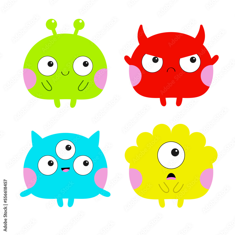 Cute monster set. Happy Halloween. Colorful animal. Funny Kawaii cartoon baby character. Three eyes, ears, horns, pink cheeks. Boo. Smiling face. Sticker print. Flat design. White background. Cute monster set. Happy Halloween. Colorful animal. Funny Kawaii cartoon baby character. Three eyes, ears, horns, pink cheeks. Boo. Smiling face. Sticker print. Flat design. White background.
