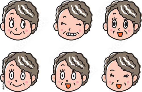 笑顔のショートヘアおばちゃん　顔セット