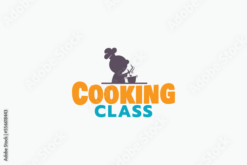 cooking class logo with a silhouette of a child cooking with a cauldron.