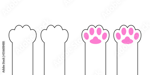 Cat dog paw print foot leg set. Kitten pink paws footprint icon. Cute cartoon character body part silhouette. Baby pet collection. Love. White contour sign symbol. Flat design. White background.