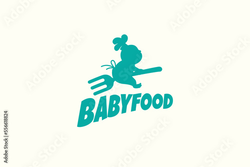baby food logo with silhouette of a baby flying with a fork.