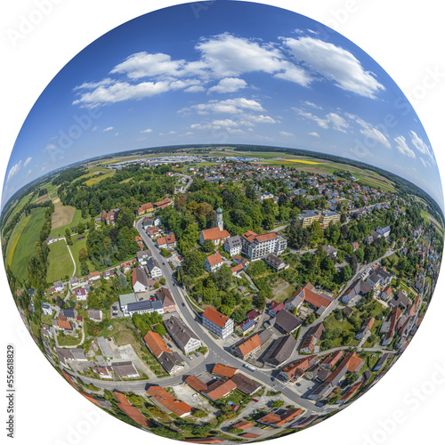Der Markt Burtenbach im schwäbischen Mindeltal im Luftbild, Little Planet-Ansicht, freigestellt