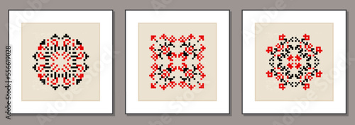 Set of posters with traditional Ukrainian embroidery ethnic ornament vyshyvanka