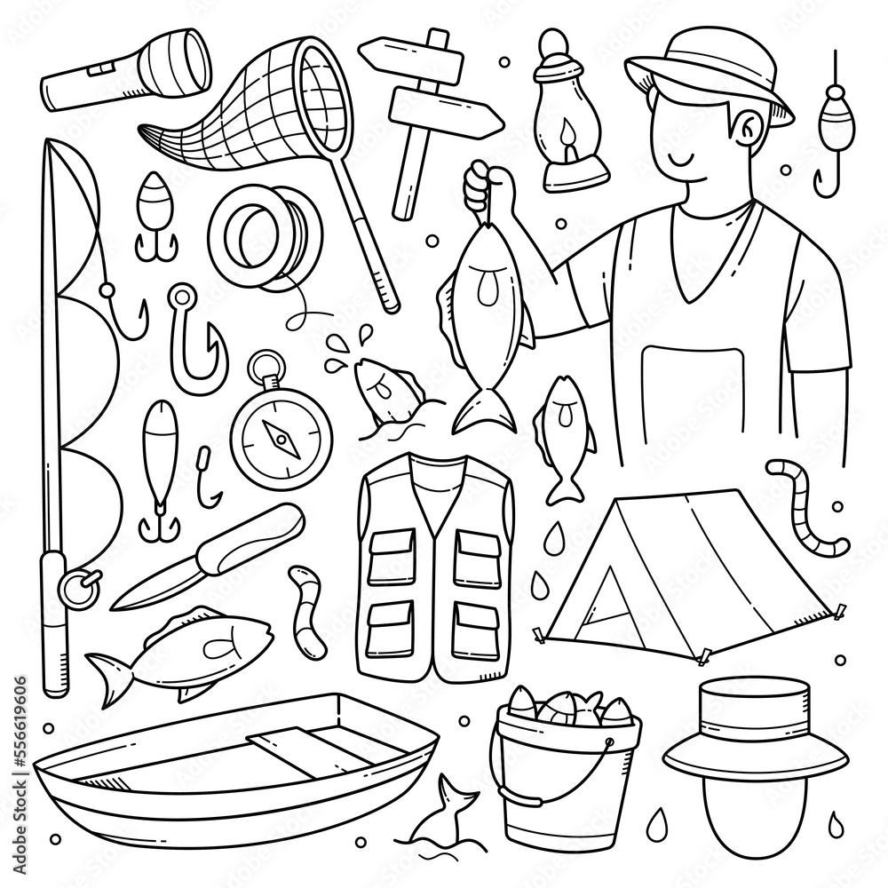 Obraz premium Set of Hand Drawn Fishing Doodles Vector Element. Fishing doodle tool and equipment objects