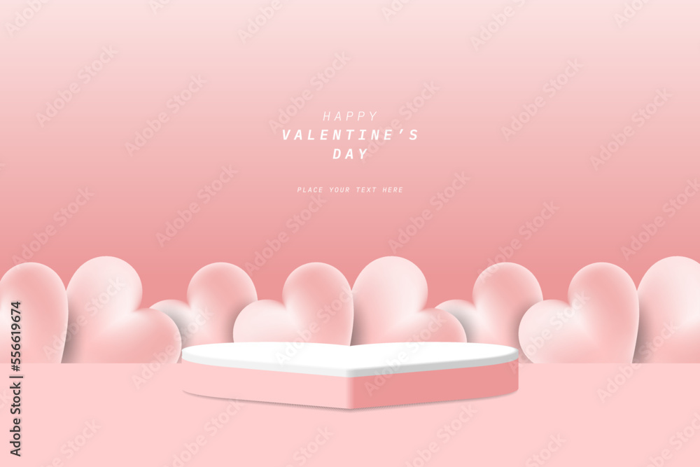 Realistic pink and white heart 3D cylinder pedestal podium with hearts shape overlapping behind podium. Happy Valentine's Day minimal scene for product display.