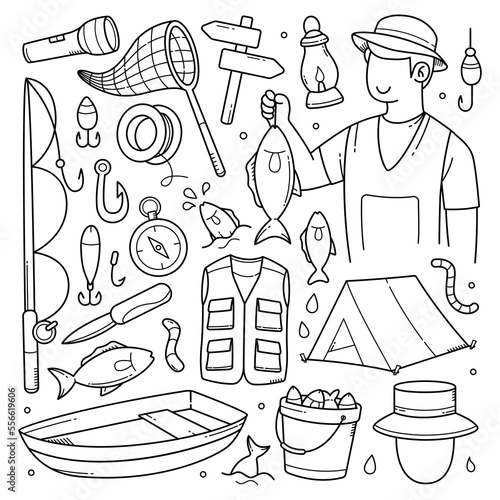 Set of Hand Drawn Fishing Doodles Vector Element. Fishing doodle tool and equipment objects