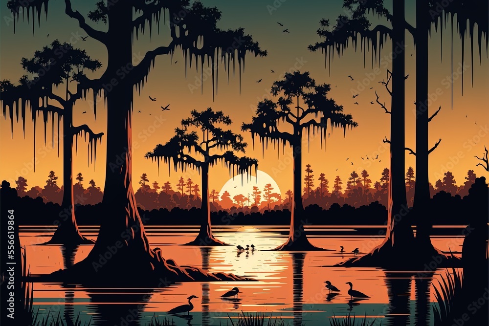 A vector illustration of a Louisiana swamp - obrazy, fototapety, plakaty 