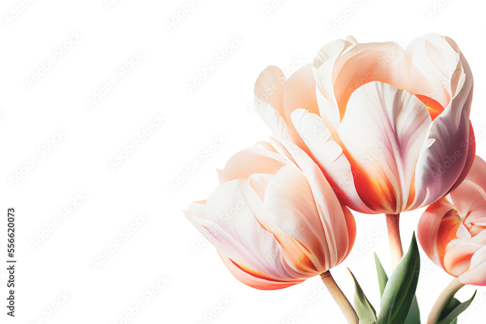 Bouquet of fresh, colorful tulip flowers isolated on white with copy space. Ideal for projects.