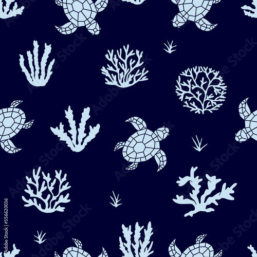 Seamless graphic pattern, sea life coral, turtle and seaweed