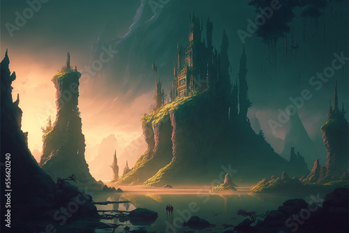 A fantasy landscape with a castle digital art illustration