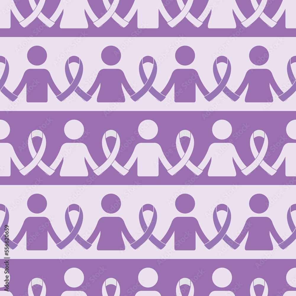 Seamless pattern with icon of people holding hands holding lavender ribbon for world cancer day. CMYK color mode ready to print. Seamless pattern with icon of people holding hands holding lavender ribbon for world cancer day. CMYK color mode ready to print.