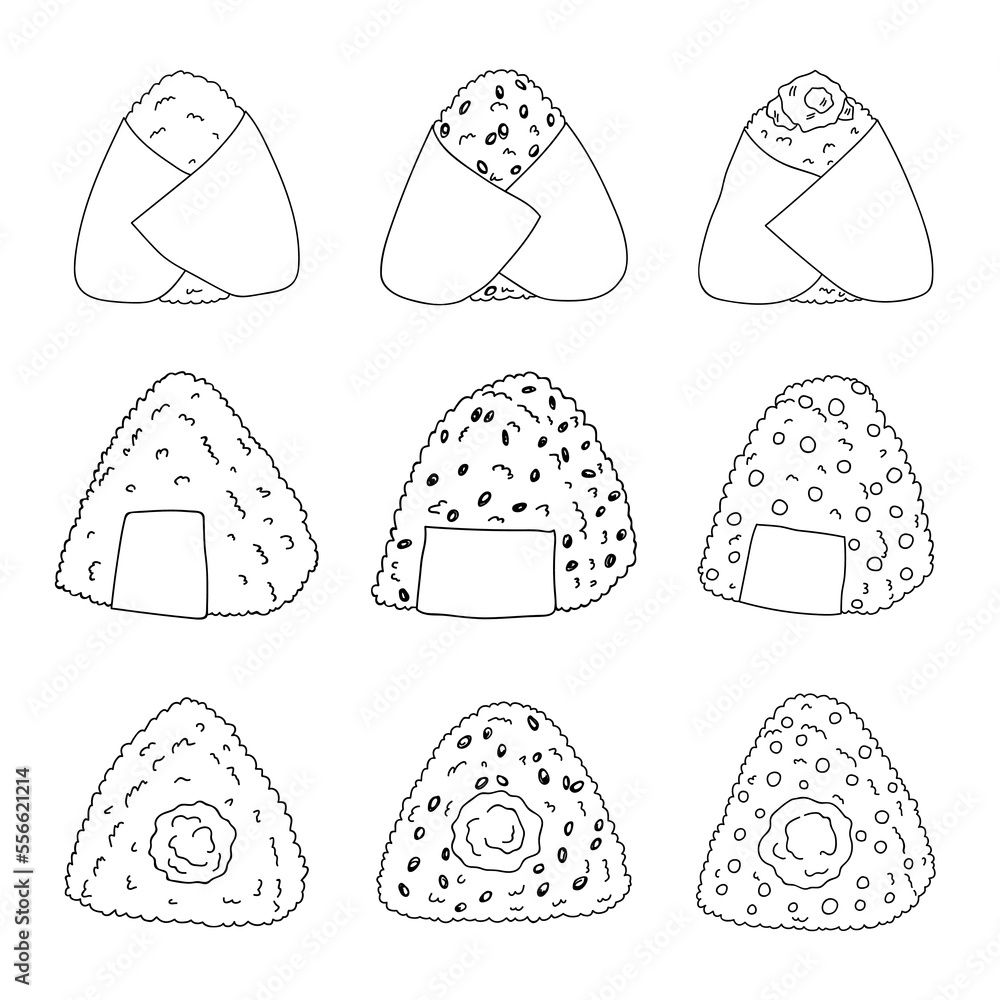 Hand drawn onigiri clipart set. Japanese fast food made of rice. Rice ball in nori seaweed