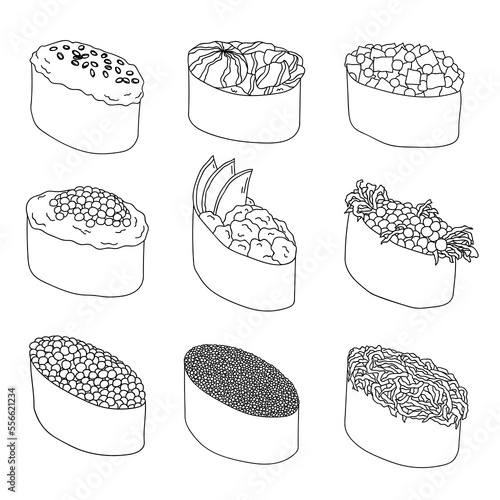 Hand drawn gunkan maki sushi clipart set. Japanese traditional cuisine dishes. Asian food