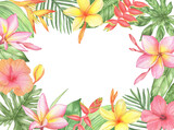 Watercolor Frame of tropical flowers and leaves. Hand drawing palm leaves, strelitzia, anthurium, plumeria and hibiscus