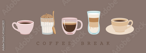 Set of different coffee drinks in ceramic and glass dishes. Espresso, latte, americano, coffee dessert. Hand drawn vector illustration isolated on brown background. Flat cartoon style.