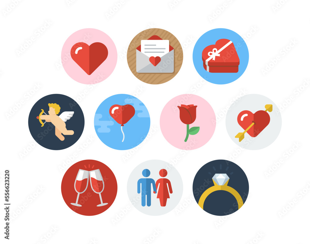 Fototapeta premium Valentine's day flat circle badge icon set with love related icons